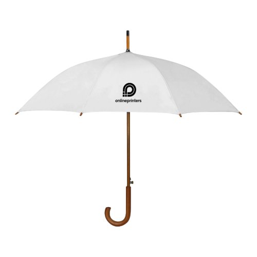 Parapluie automatique blanc avec poigne en bois.