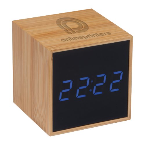 Horloge de table en bambou clair avec affichage numrique.