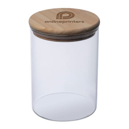 Bocal de stockage transparent en verre avec couvercle en bois.