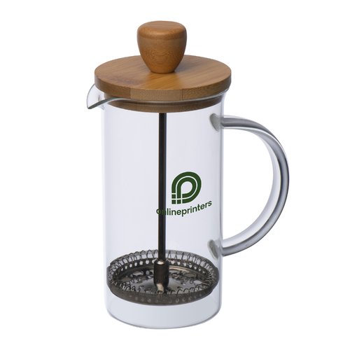 Cafetire  piston en verre avec couvercle en bois et filtre en mtal.