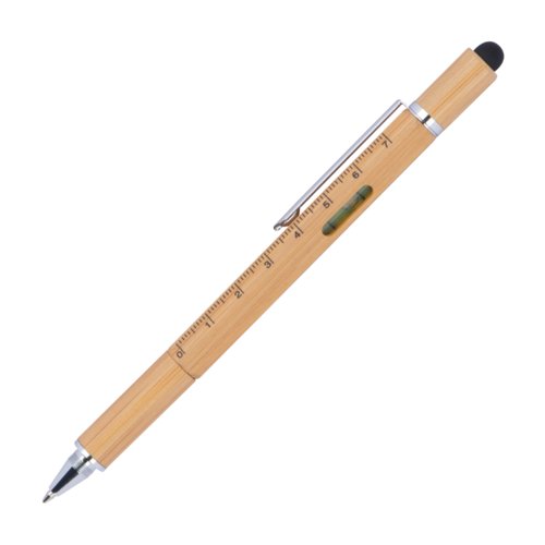 Stylo multifonction couleur bois avec clip, fonction tactile, rgle et niveau.