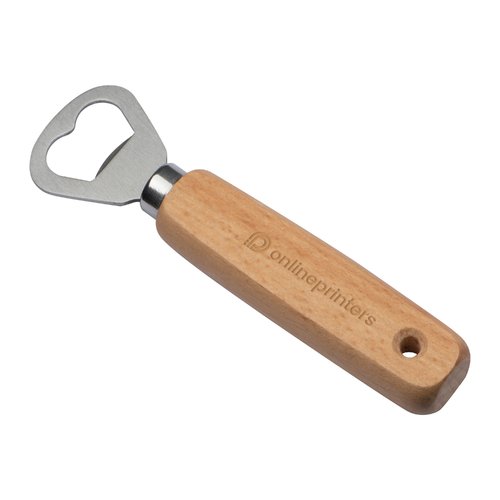 Ouvre-bouteille en bois avec tte en mtal et trou de suspension.
