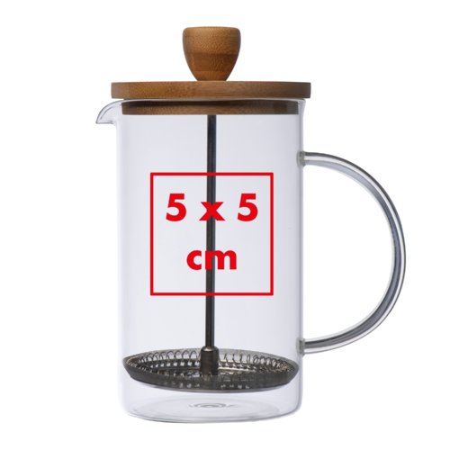 Cafetire  piston en verre transparent avec filtre en mtal et couvercle en bois.