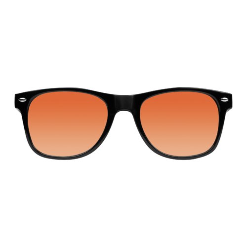 Lunettes de soleil orange en plastique avec une monture large.
