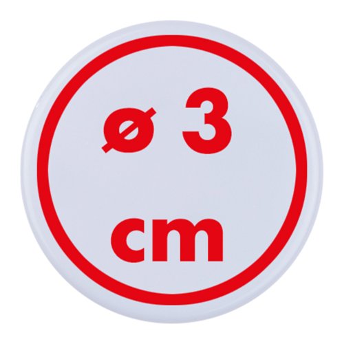 Badge blanc rond avec pingle.