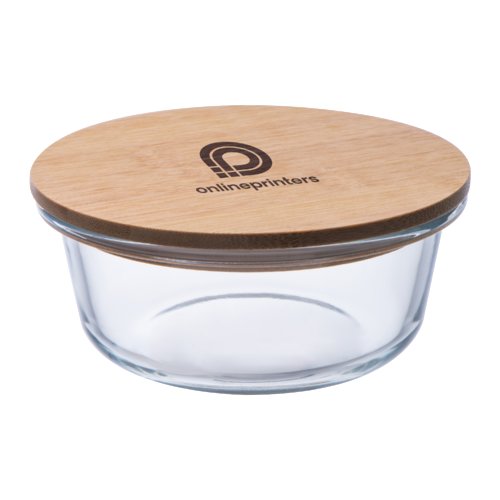 Bol transparent en verre avec couvercle en bois.