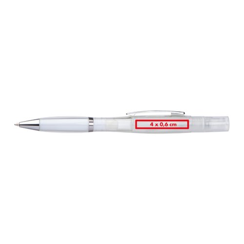 Stylo  bille en plastique blanc avec fonction spray et clip.