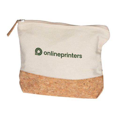Trousse de toilette beige en coton avec base en lige et fermeture clair.