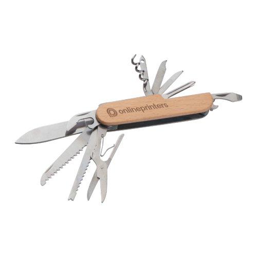 Couteau de poche beige en bois avec divers outils en mtal.