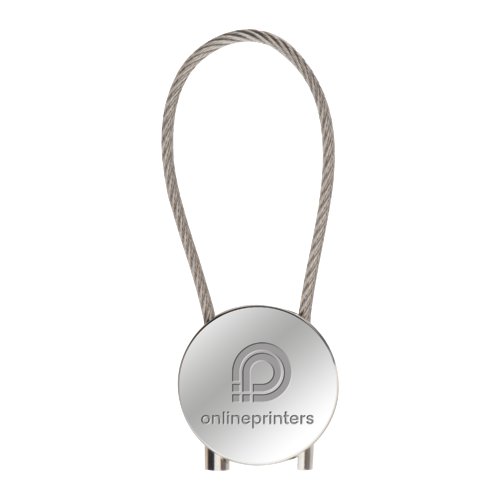 Porte-cls en mtal avec pendentif rond et cble mtallique.