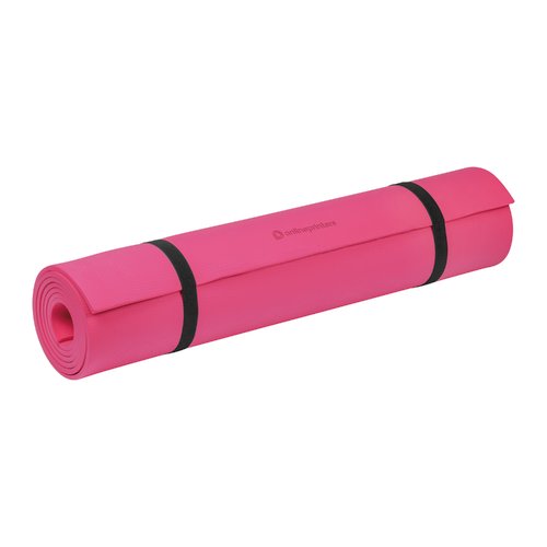 Tapis de yoga rose en mousse avec sangles de maintien.