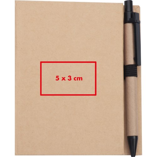 Bloc-notes marron avec porte-stylo et stylo.