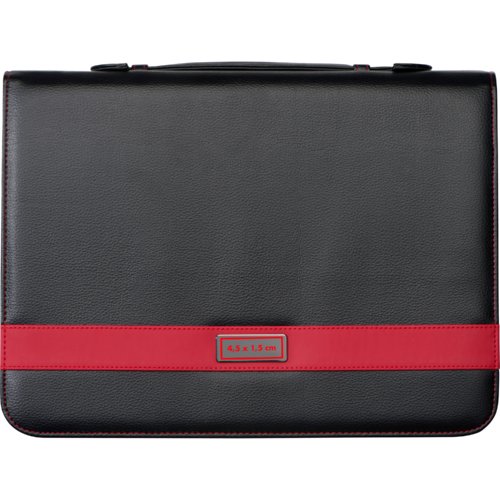Porte-documents noir avec accent rouge et poigne de transport.