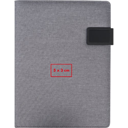 Porte-documents gris avec passant pour stylo et fermeture magntique.