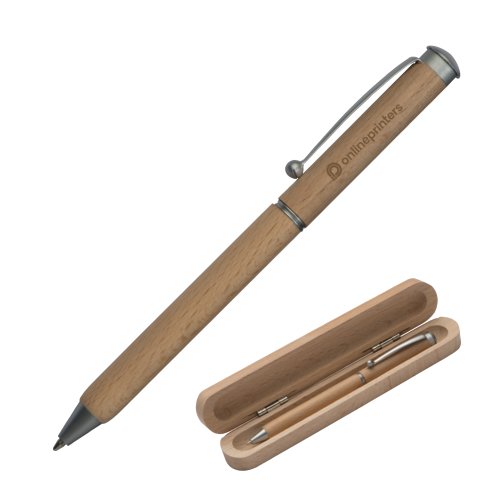 Stylo  bille en bois de htre couleur bois avec des lments mtalliques et un coffret assorti.