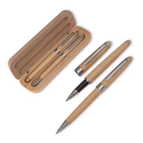 Ensemble d'criture en bois marron avec stylo  bille, stylo roller et tui.