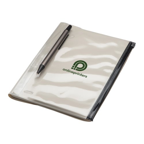 Carnet avec couverture en plastique transparent et fermeture clair.
