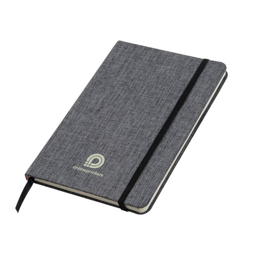Carnet gris avec fermeture lastique et marque-page ruban.