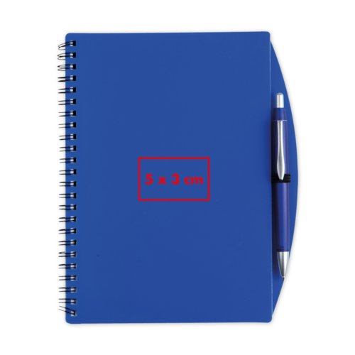 Bloc-notes  spirale bleu avec porte-stylo.
