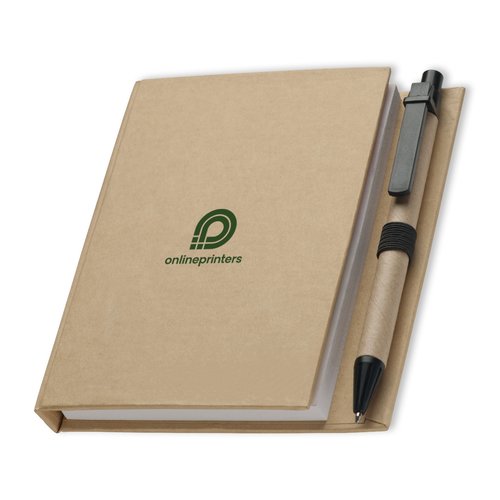 Bloc-notes marron avec stylo  bille en papier et lastique.