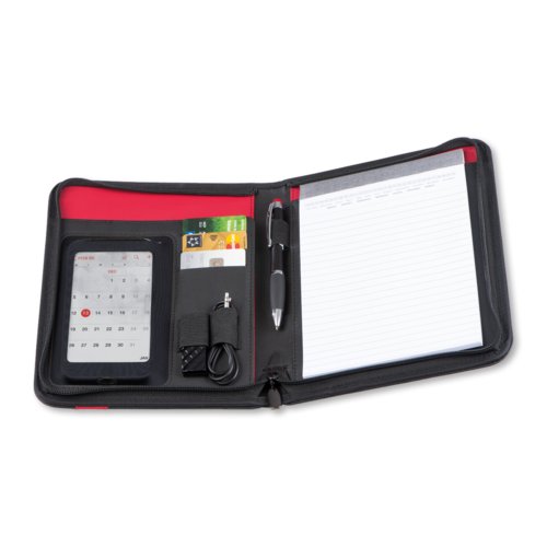 Confrencier noir avec fermeture clair, passant pour stylo, poches et bloc-notes.
