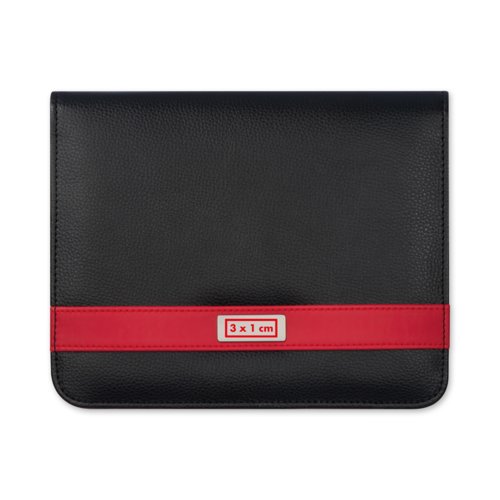Bloc-notes noir en similicuir avec bande dcorative rouge.