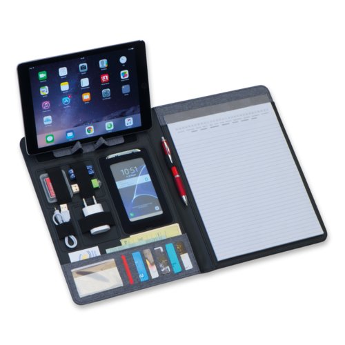 Confrencier gris avec pochettes, porte-stylo et bloc-notes.