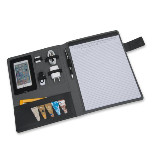 Chemise d'criture grise avec porte-stylo, fentes pour cartes et compartiment pour tablette.
