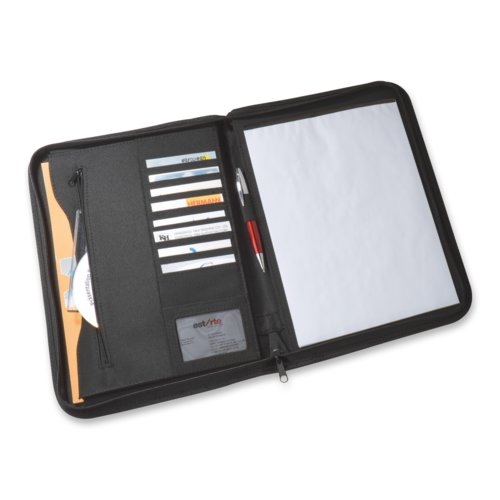 Porte-documents noir en similicuir avec fermeture clair et compartiments intrieurs.