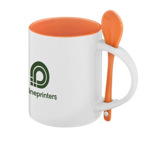 Tasse en cramique orange avec cuillre assortie sur la anse.