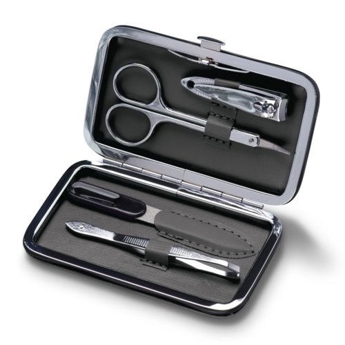 Set de manucure anthracite dans un tui en PU avec divers outils.