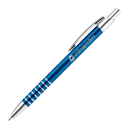 Stylo  bille en mtal bleu avec clip et mcanisme  pression.