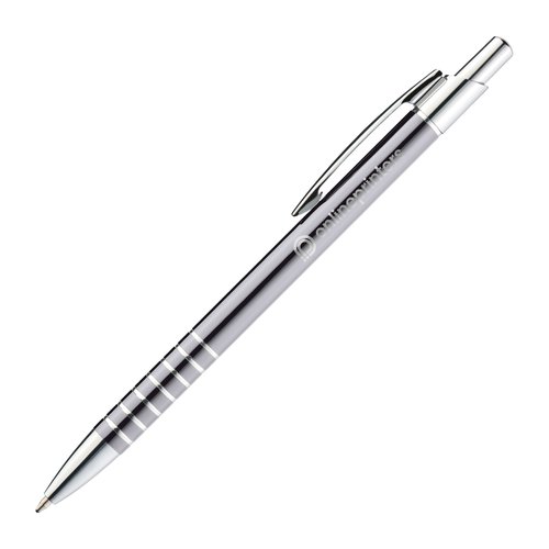Stylo  bille en mtal gris avec clip et mcanisme  pression.