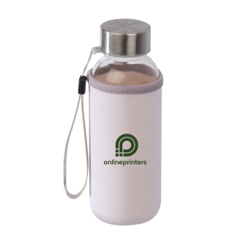 Bouteille d'eau blanche en verre avec bouchon  vis et dragonne.