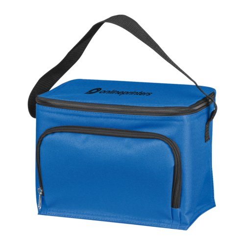 Sac isotherme bleu avec fermeture clair et poigne de transport.