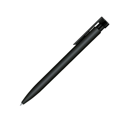 Stylo  bille noir avec surface douce, clip et bouton poussoir.