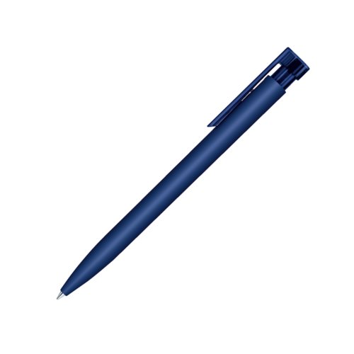 Stylo � bille en plastique bleu fonc� avec m�canisme � poussoir et clip.