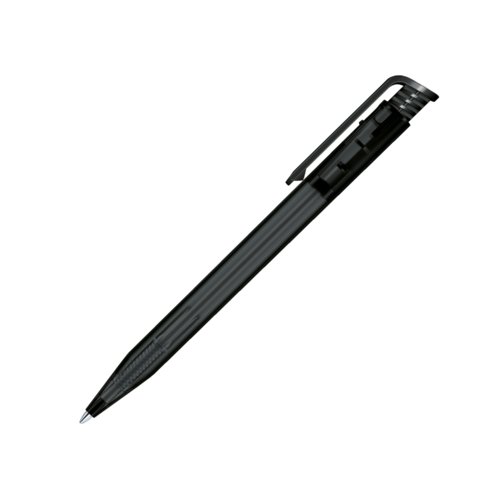 Stylo � bille en plastique noir avec m�canisme � poussoir et clip.