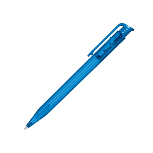 Stylo � bille en plastique bleu avec clip et m�canisme � poussoir.