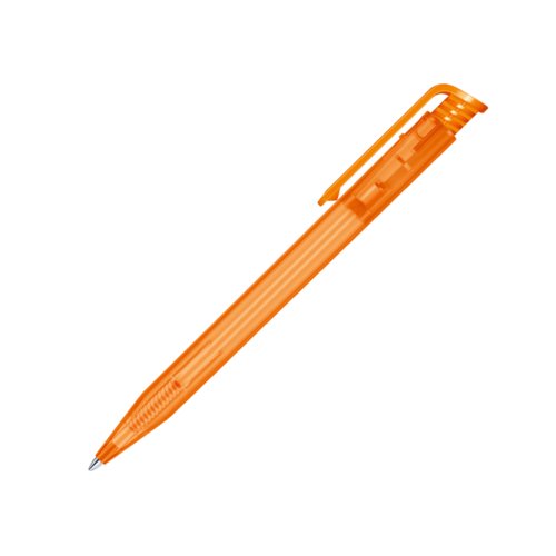 Stylo � bille en plastique orange avec bouton poussoir et clip.
