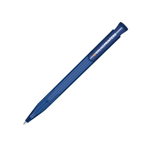 Stylo � bille en plastique bleu fonc� avec bouton-poussoir.