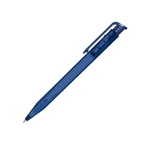 Stylo � bille en plastique bleu fonc� avec m�canisme poussoir et clip.