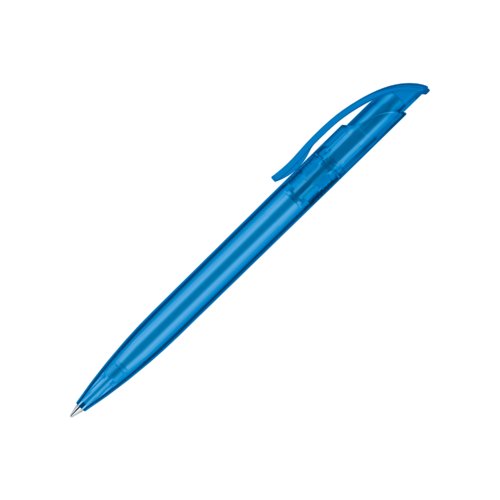 Stylo � bille bleu translucide en plastique avec clip et m�canisme � poussoir.