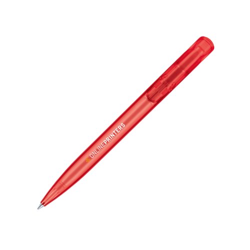 Stylo � bille rouge translucide en plastique avec m�canisme � poussoir.