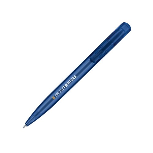 Stylo � bille en plastique bleu fonc� avec bouton-poussoir.