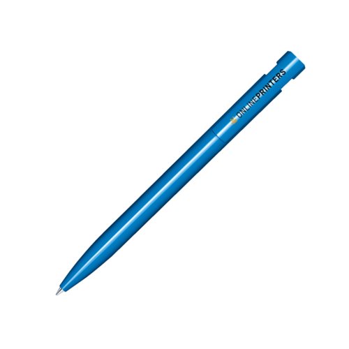 Stylo � bille en plastique bleu avec finition polie et m�canisme � bouton-poussoir.