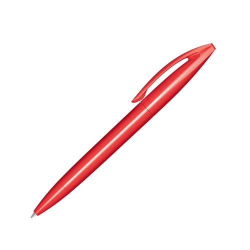 Stylo � bille rouge en plastique avec finition polie et m�canisme rotatif.