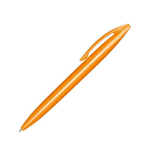 Stylo � bille orange en plastique avec clip et m�canisme rotatif.