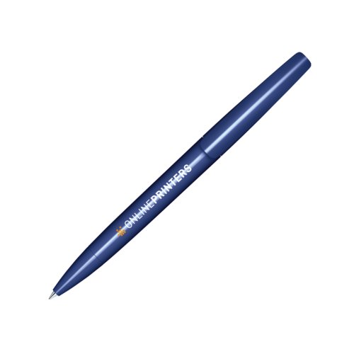 Stylo � bille en plastique bleu fonc� avec finition polie et m�canisme rotatif.