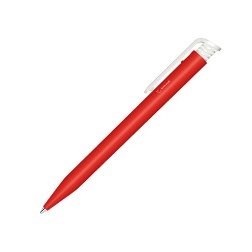 Stylo � bille rouge et blanc en bioplastique avec clip et m�canisme � poussoir.